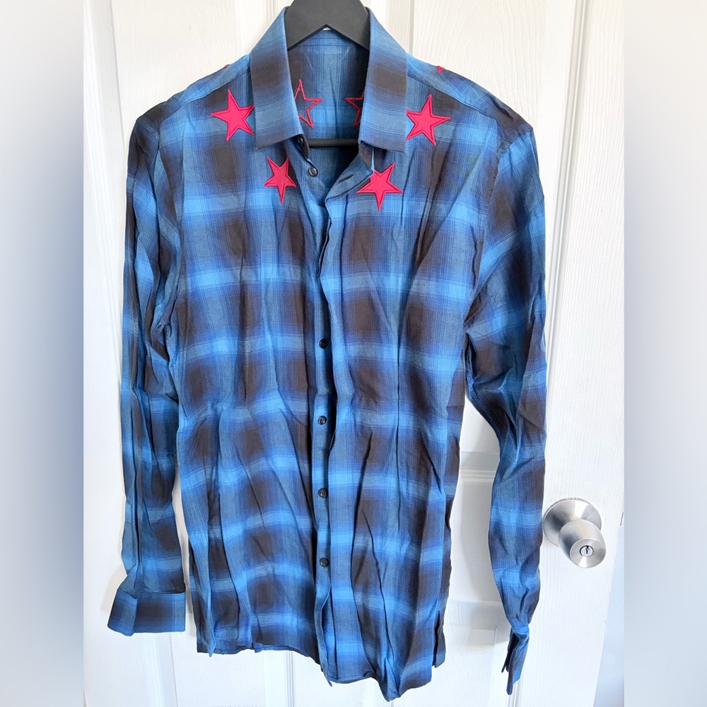 Givenchy Men's Blue Black Plaid Shirt with Red Star Accents 39